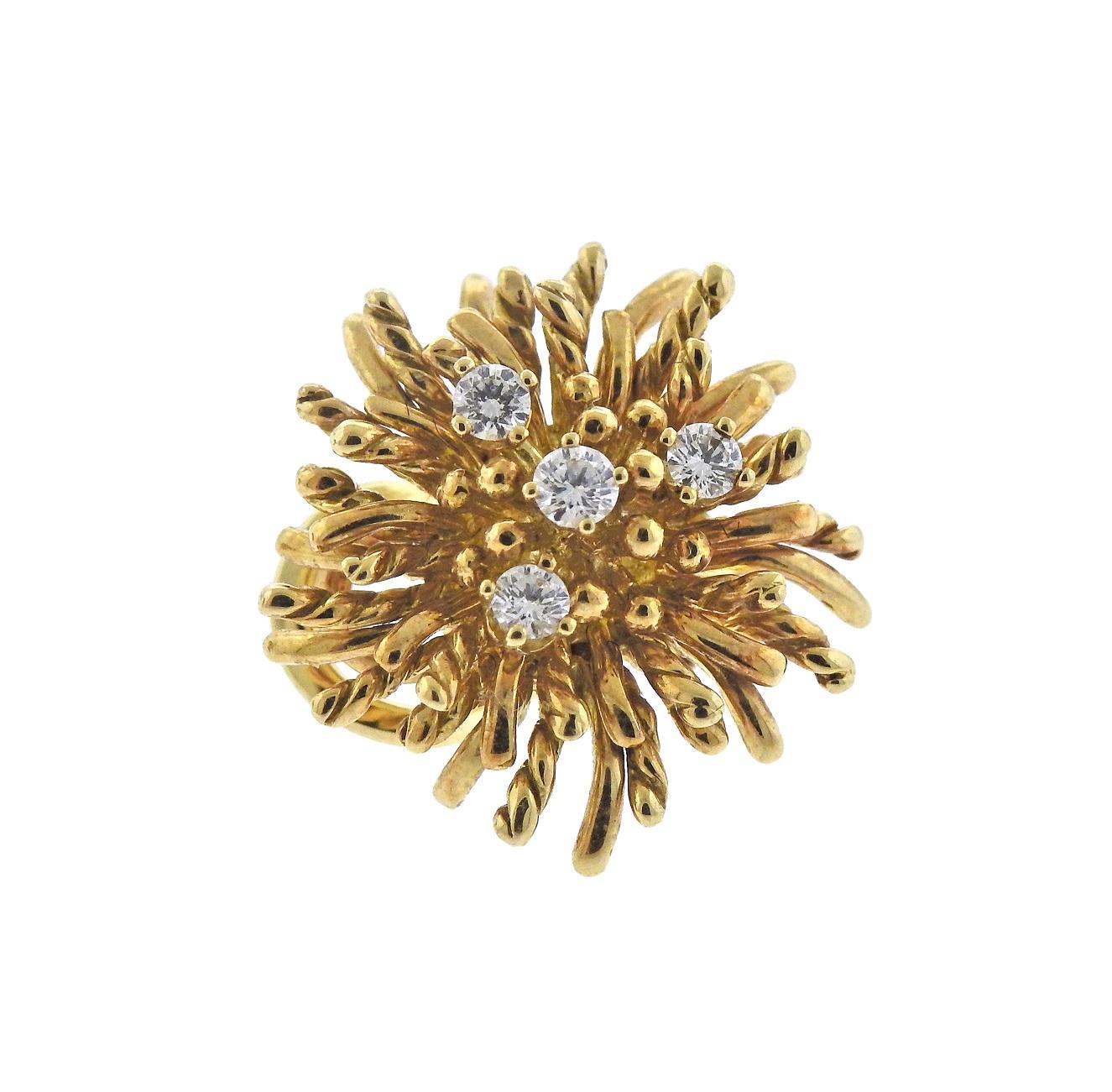 Pair of 18k yellow gold anemone earrings by Tiffany & Co, adorned with approx. 0.42ctw in G/VS diamonds. Earrings are 17mm x 16mm and weigh 12.1 grams. Marked T & Co 750. 