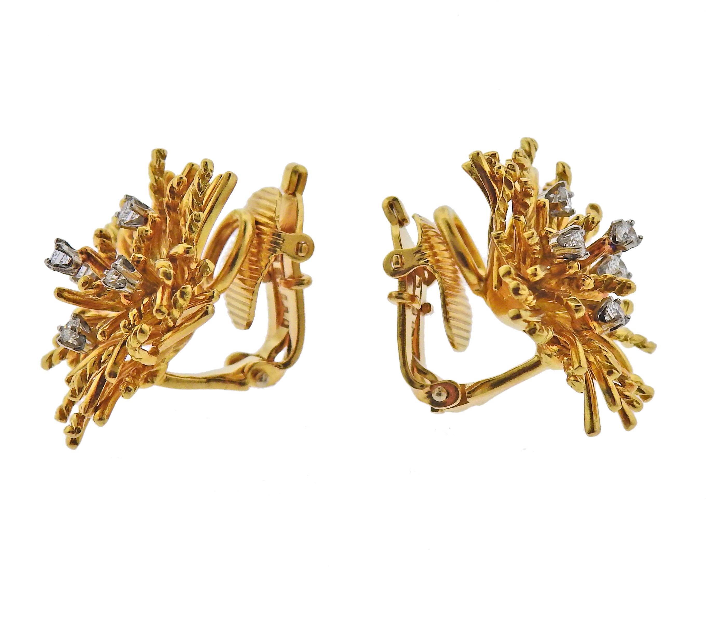 Pair of 18k gold anemone earrings by Tiffany & Co, with approx. 0.42ctw in G/VS diamonds. Earrings are 26mm x 28mm. Weight - 21.6 grams. Marked: Tiffany & Co,  750.