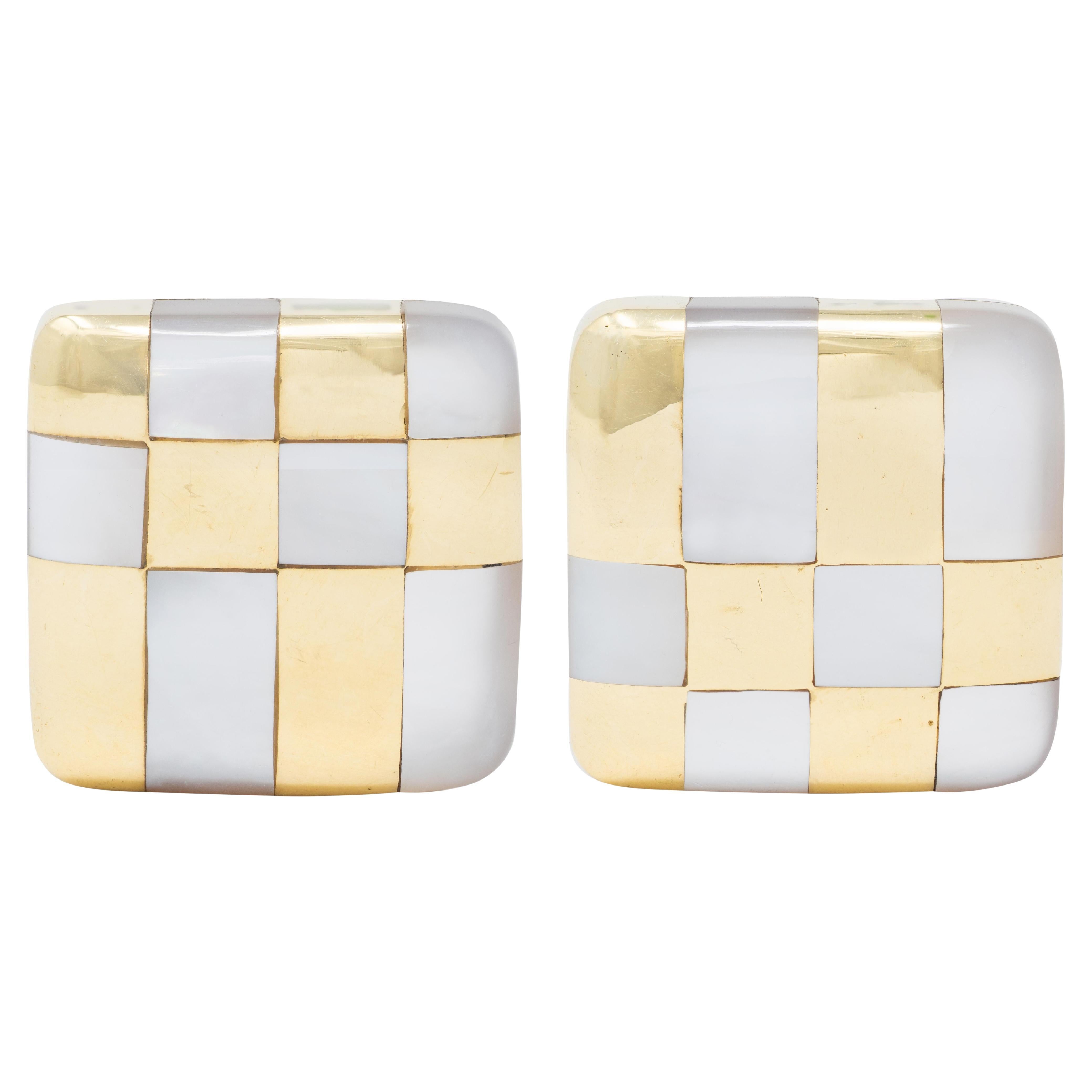 Tiffany 
Co Angela Cummings 1982 Pearl 18K Vintage Inlay Checkered Earrings For Sale