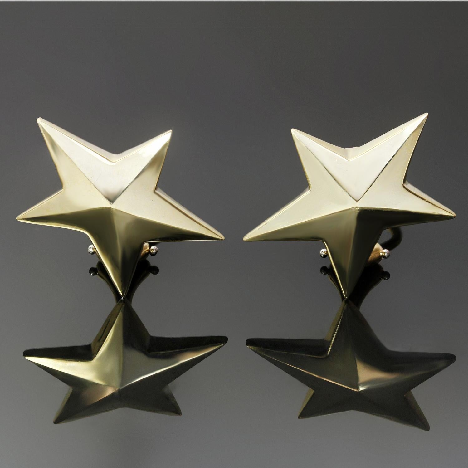 These classic vintage Tiffany & Co. clip-on earrings were designed by Angela Cummings and feature a 5 pointed star design crafted in 18k yellow gold. Posts for pierced ear can be added upon request. Made in United States circa 1980s.  Measurements: