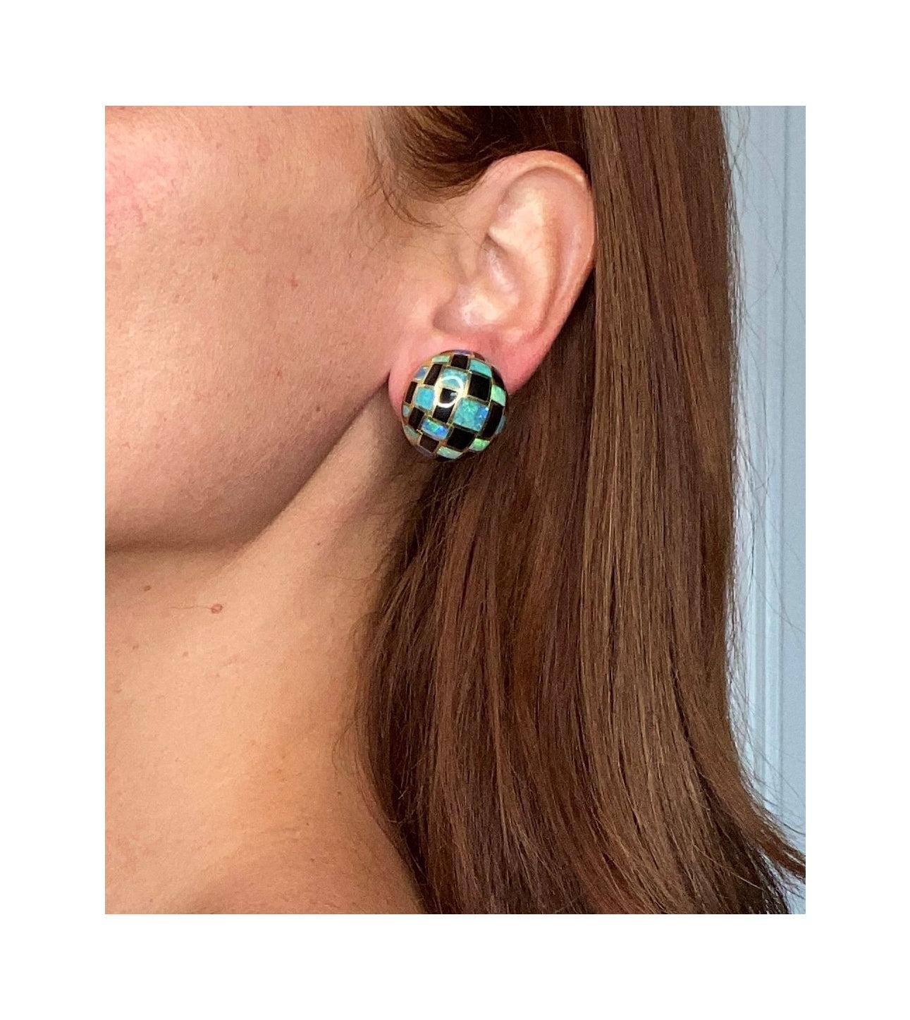 Square Cut TIFFANY & CO. Angela Cummings Clip-On Earrings In 18Kt Gold Opal And Black Jade For Sale