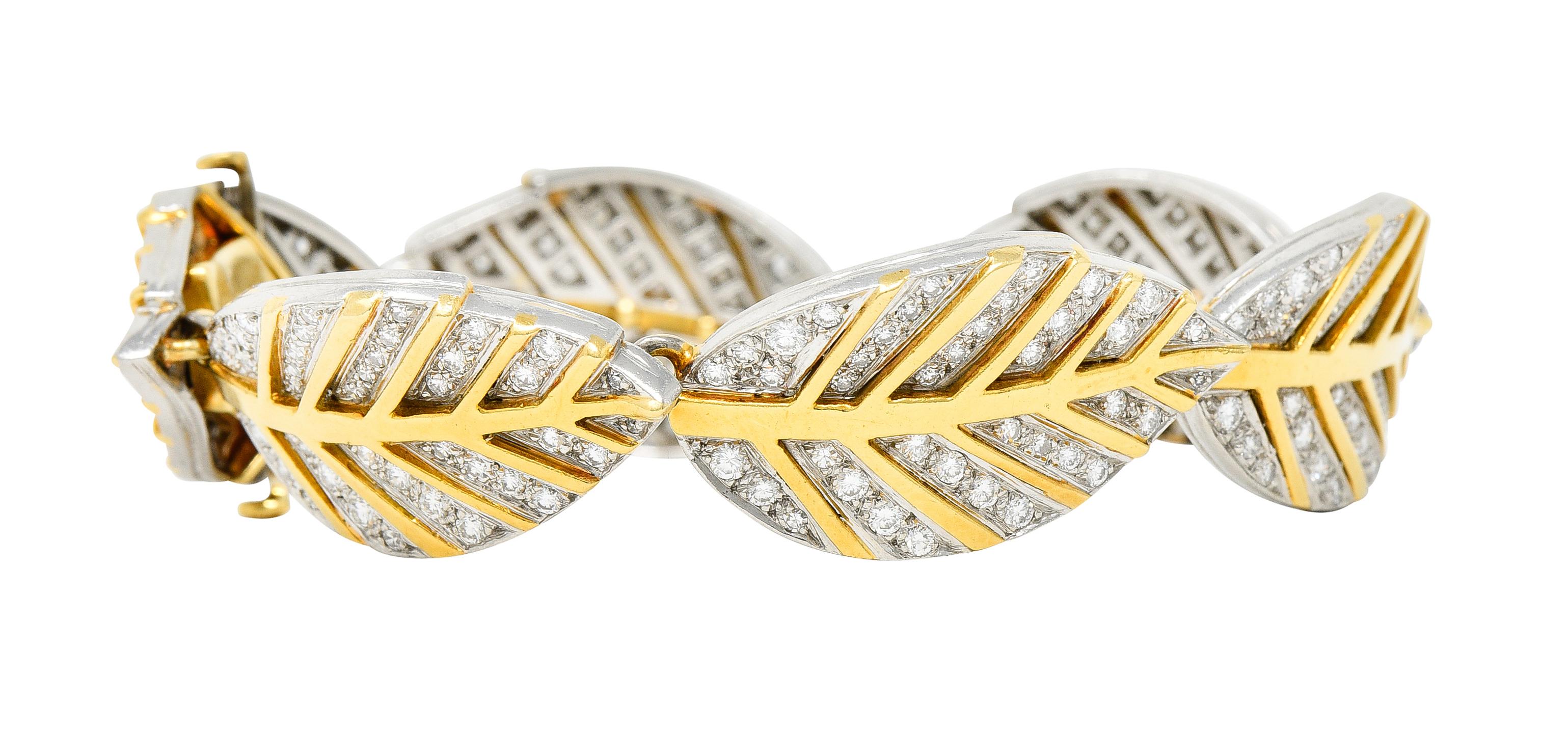 Tiffany & Co. Angela Cummings Diamond 18 Karat Gold Platinum Leaf Link Bracelet In Excellent Condition In Philadelphia, PA