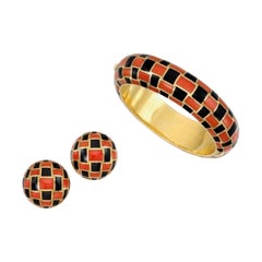 Tiffany & Co. Angela Cummings Inlaid Black Jade Coral 18k Gold Bangle + Earrings