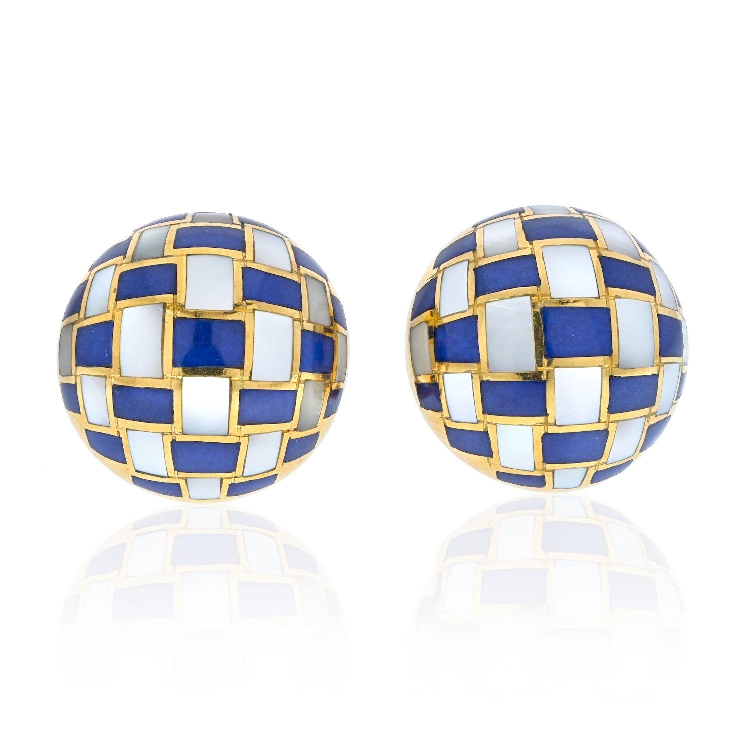 Square Cut Tiffany & Co. Angela Cummings Lapis and Mother of Pearl Inlay Clip Earrings For Sale