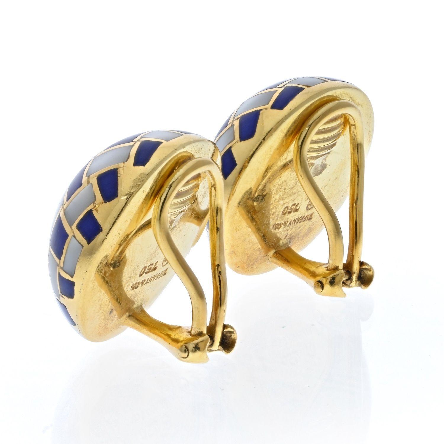 Tiffany & Co. Angela Cummings Lapis and Mother of Pearl Inlay Clip Earrings In Excellent Condition For Sale In New York, NY