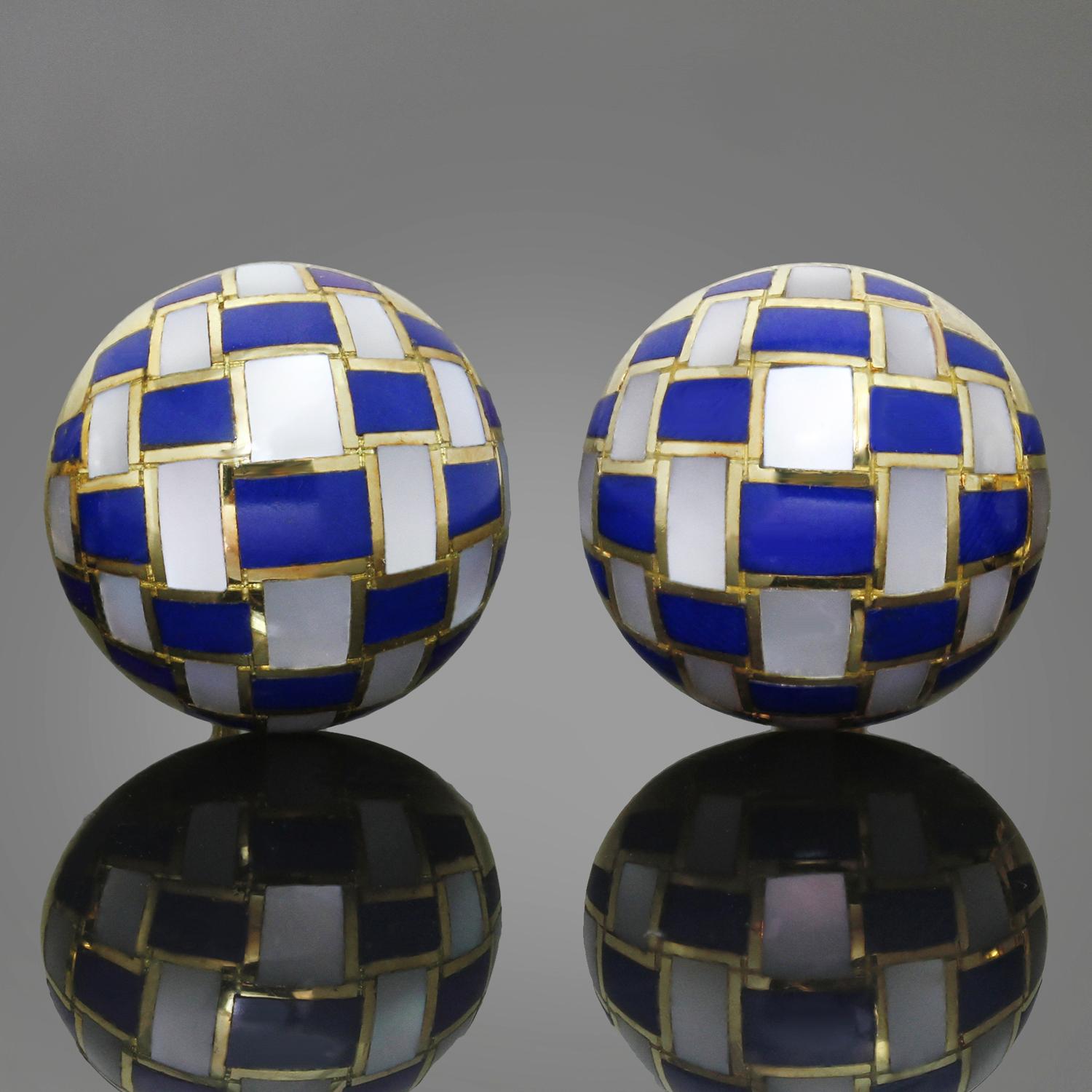 These fabulous Tiffany & Co. earrings are designed by Anglela Cummings and feature a checkered white & blue pattern crafted in 18k yellow gold and inlayed with lapis lazuli and mother-of-pearl. Made in United States circa 1980s. Measurements: 0.78