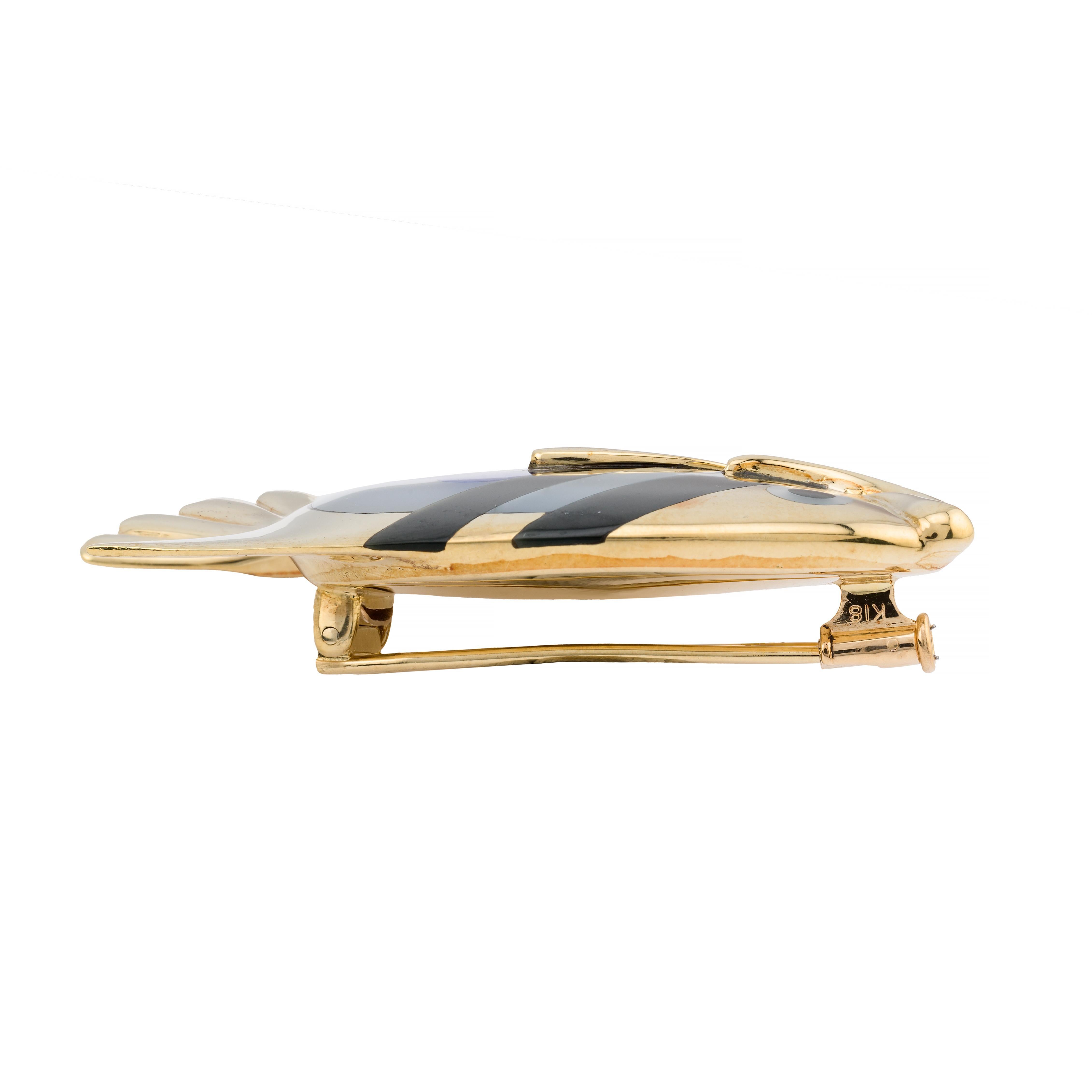 Retro Tiffany & Co Angela Cummings Lapis, Onyx, Mother of Pearl Fish Brooch 18 Karat