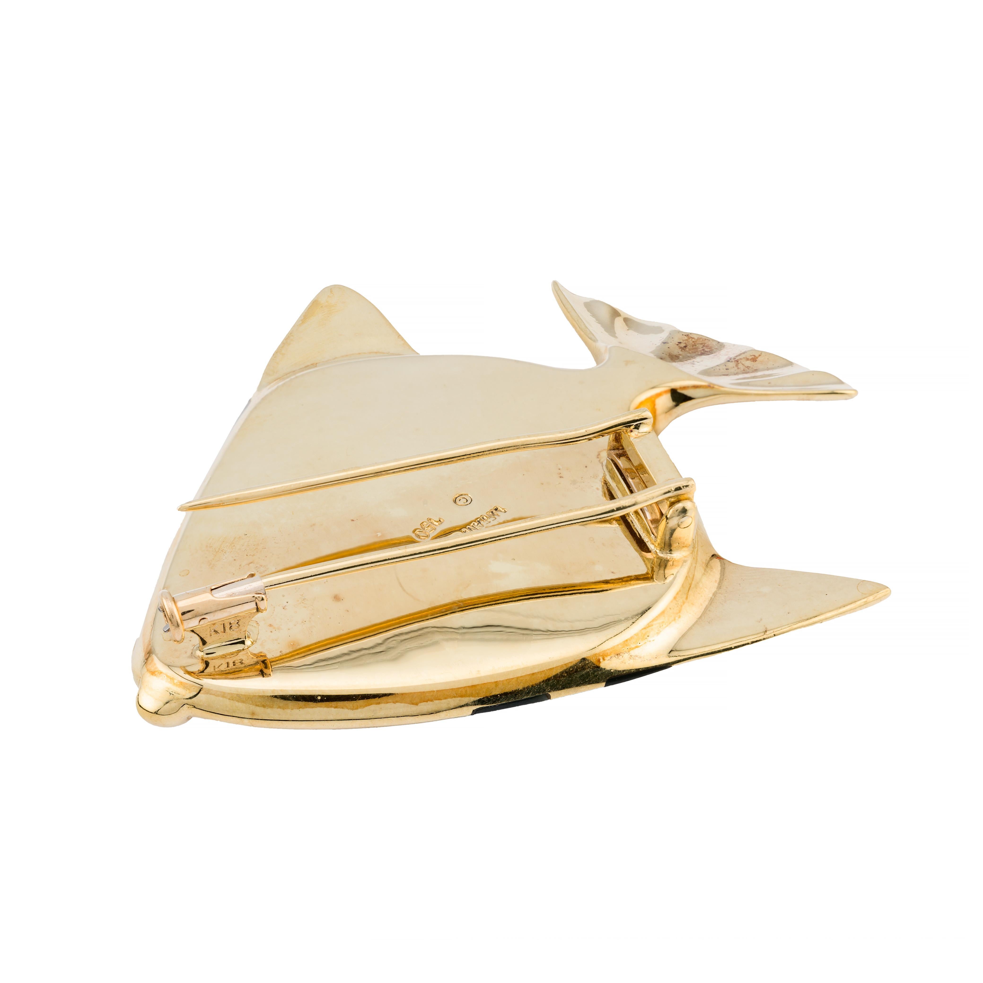 Mixed Cut Tiffany & Co Angela Cummings Lapis, Onyx, Mother of Pearl Fish Brooch 18 Karat