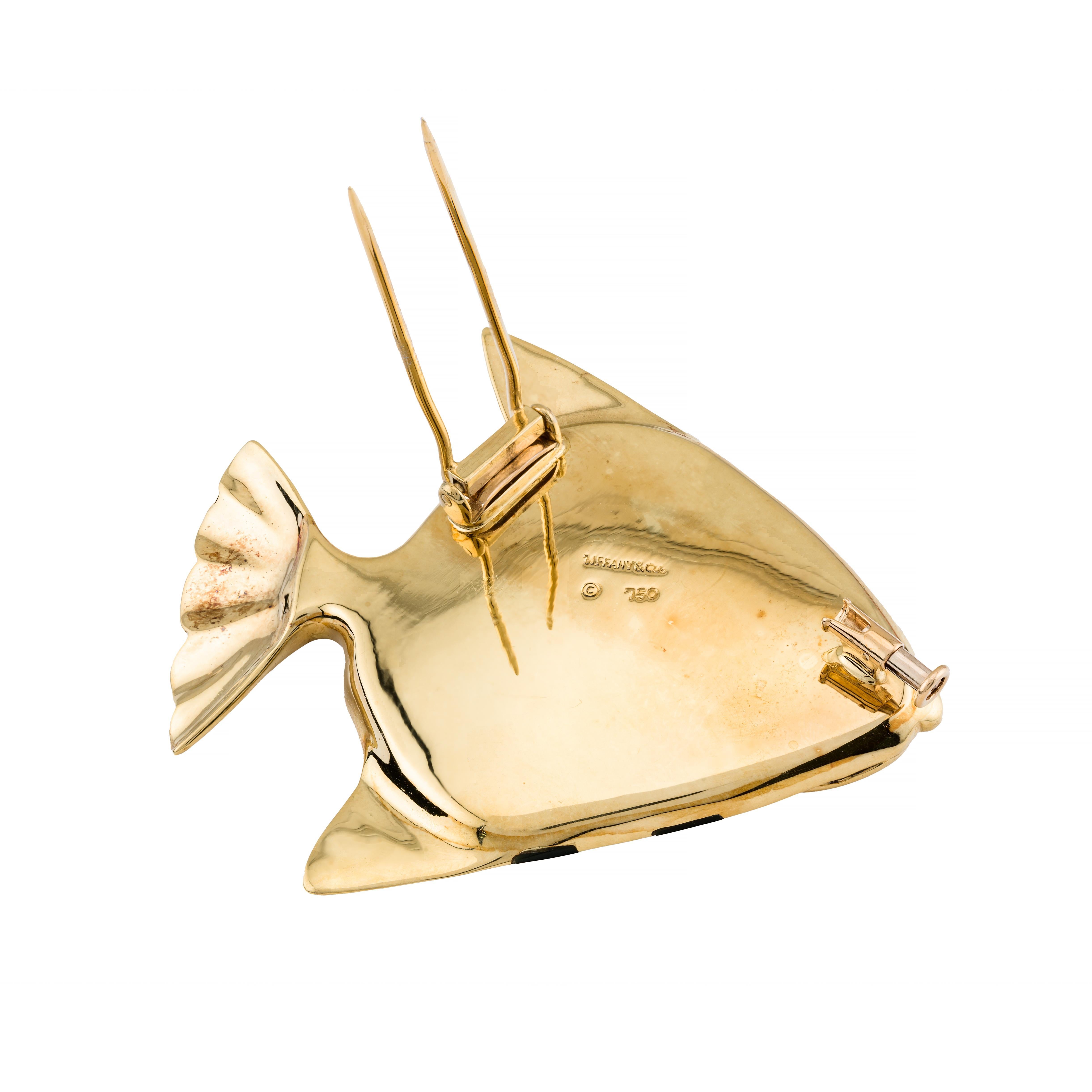 Tiffany & Co Angela Cummings Lapis, Onyx, Mother of Pearl Fish Brooch 18 Karat In Excellent Condition In Boston, MA