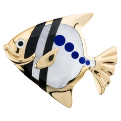 Tiffany & Co Angela Cummings Lapis, Onyx, Mother of Pearl Fish Brooch 18 Karat