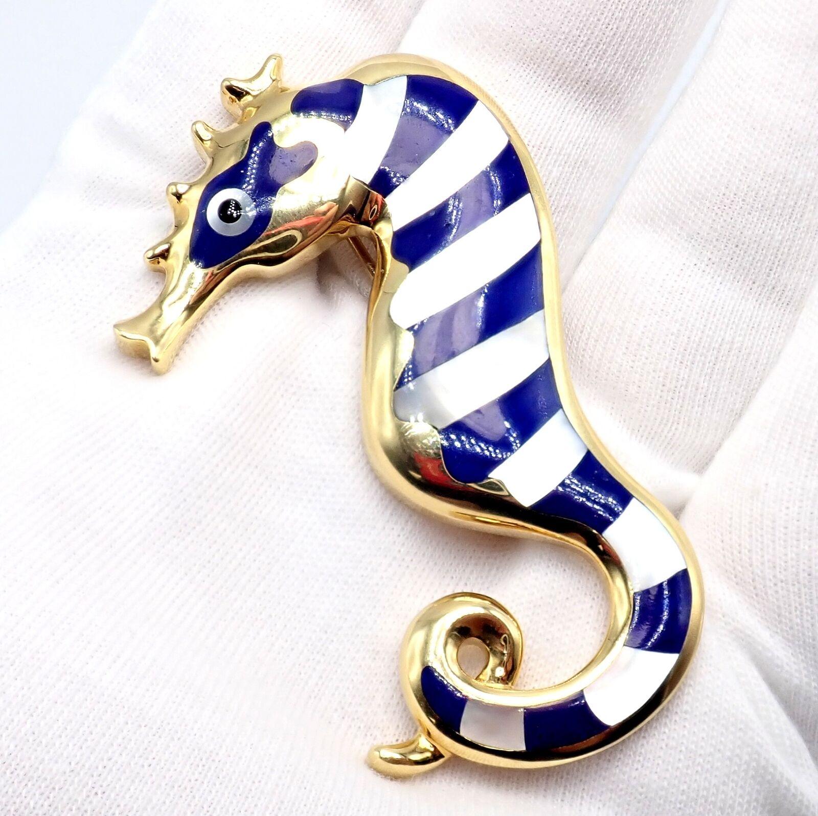 Tumbled Tiffany & Co Angela Cummings Lapis Yellow Gold Seahorse Pin Brooch For Sale