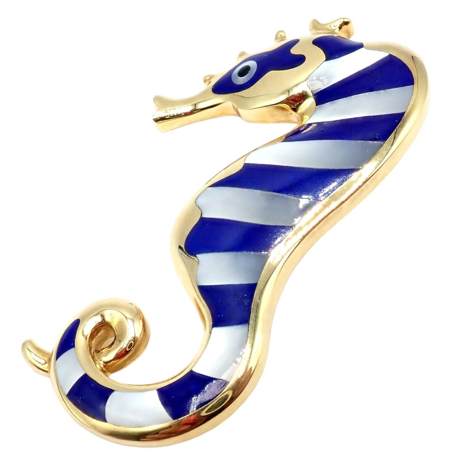 Women's or Men's Tiffany & Co Angela Cummings Lapis Yellow Gold Seahorse Pin Brooch For Sale