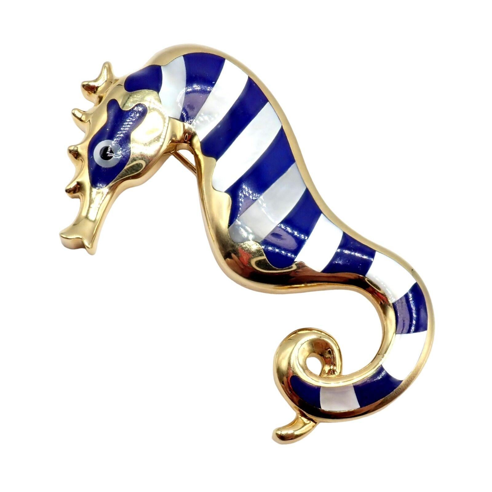 Tiffany & Co Angela Cummings Lapis Yellow Gold Seahorse Pin Brooch For Sale 1
