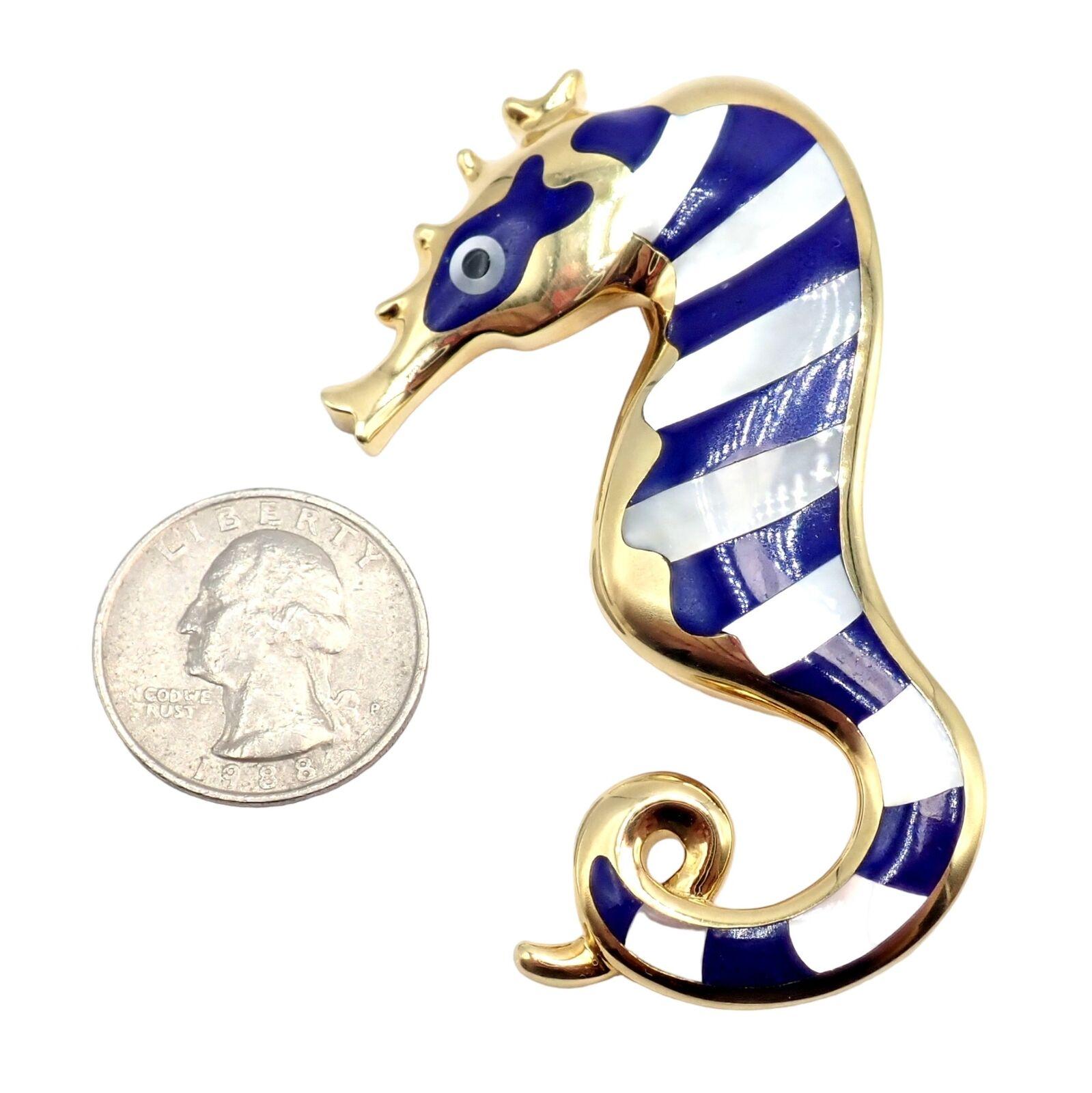 Tiffany & Co Angela Cummings Lapis Yellow Gold Seahorse Pin Brooch For Sale 4