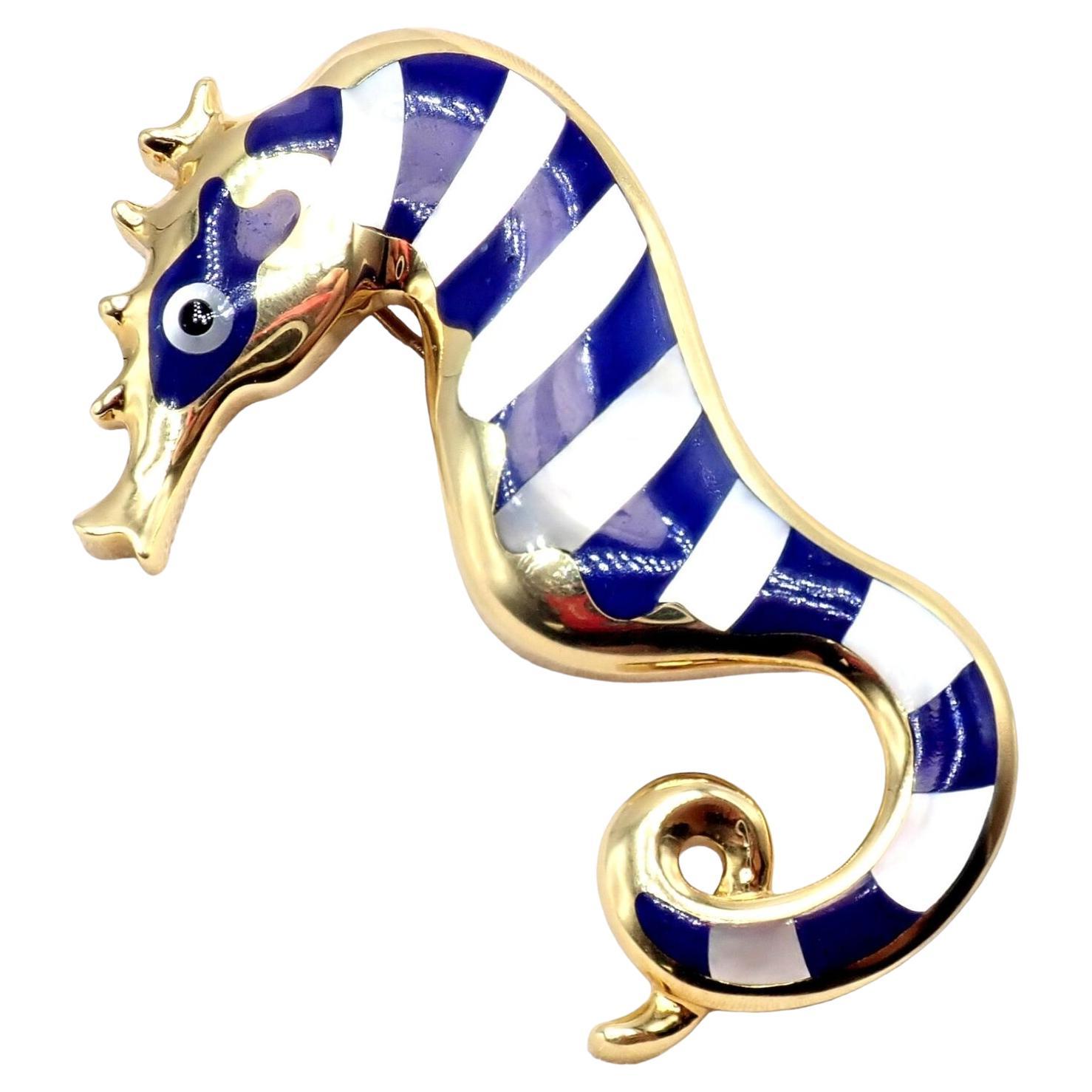 Tiffany & Co Angela Cummings Lapis Yellow Gold Seahorse Pin Brooch For Sale