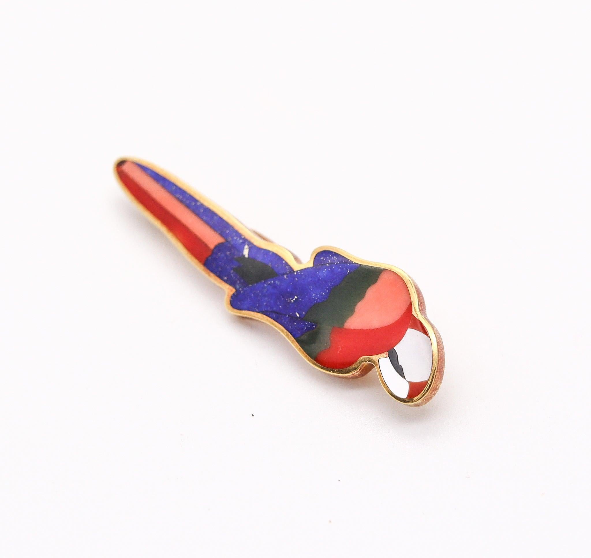 Cabochon TIFFANY & CO. Angela Cummings Parrot Brooch In 18Kt Gold With Inlaid Gemstones For Sale