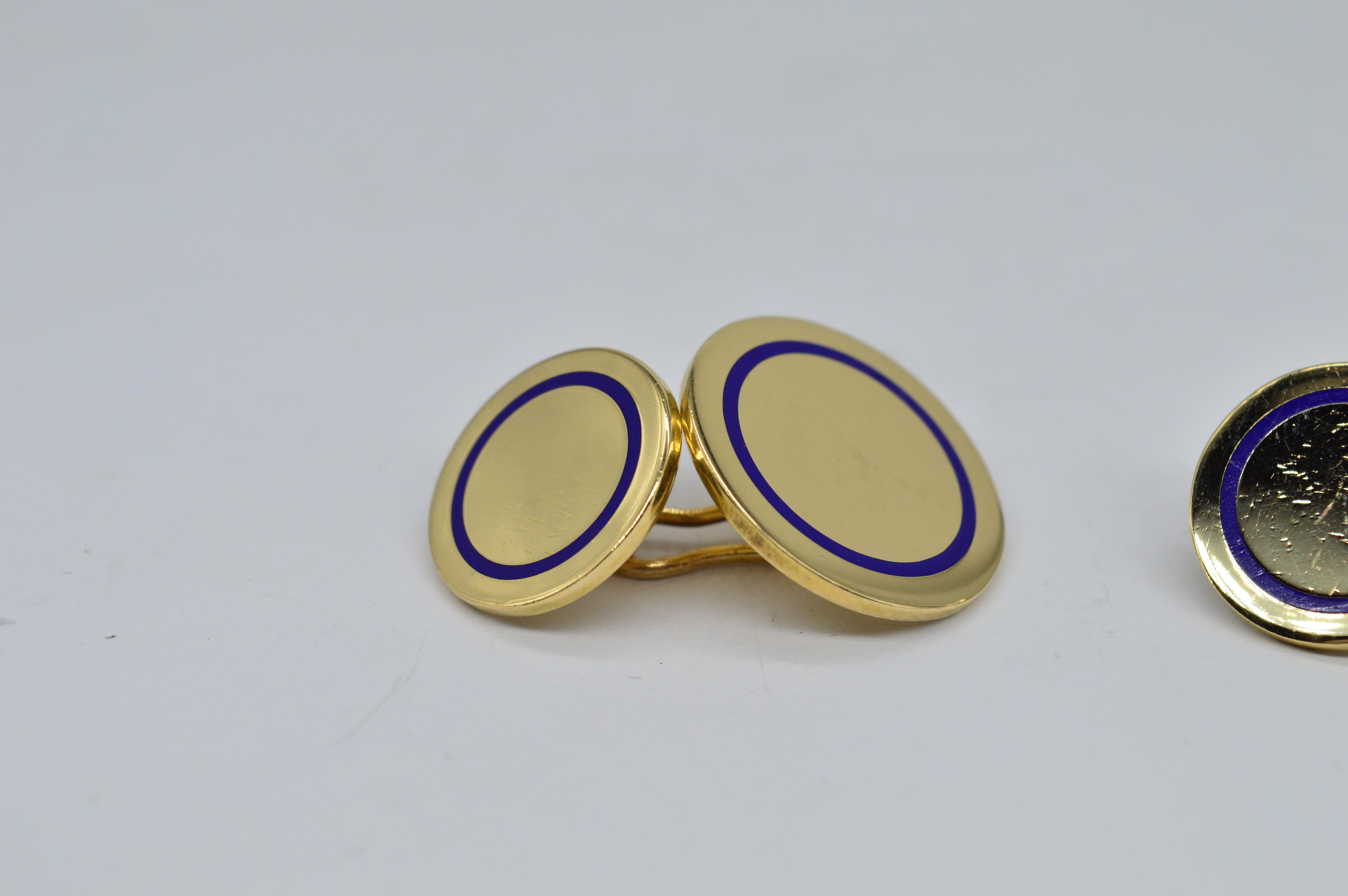 Tiffany & Co Antique 14K Gold Art Deco Blue Enamel 1920's Classic Cufflinks In Good Condition For Sale In Benfleet, GB