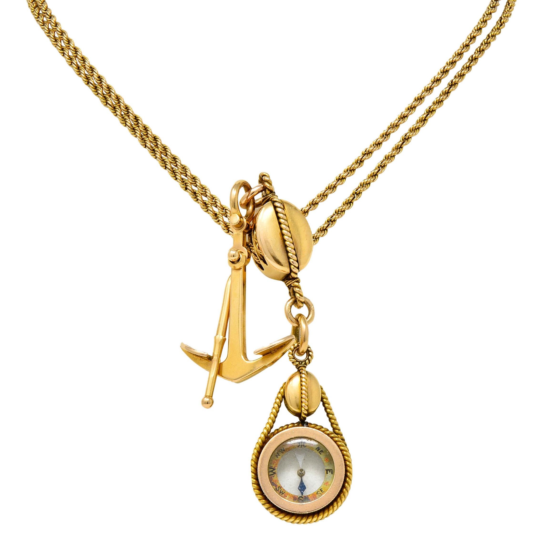 Tiffany & Co. Antique 18 Karat Gold Nautical Watch Chain Anchor Compass Pendant In Excellent Condition In Philadelphia, PA