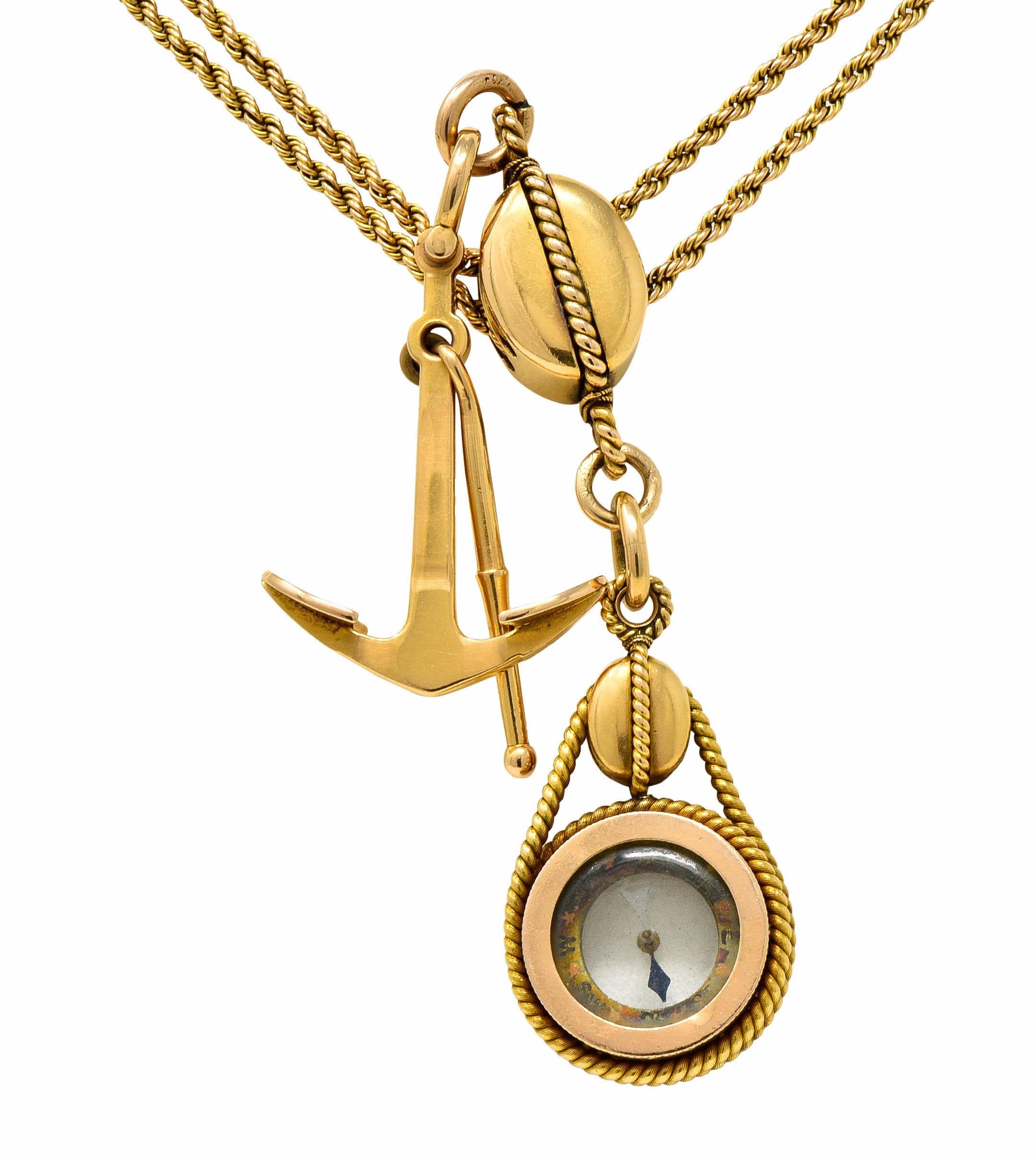 Women's or Men's Tiffany & Co. Antique 18 Karat Gold Nautical Watch Chain Anchor Compass Pendant