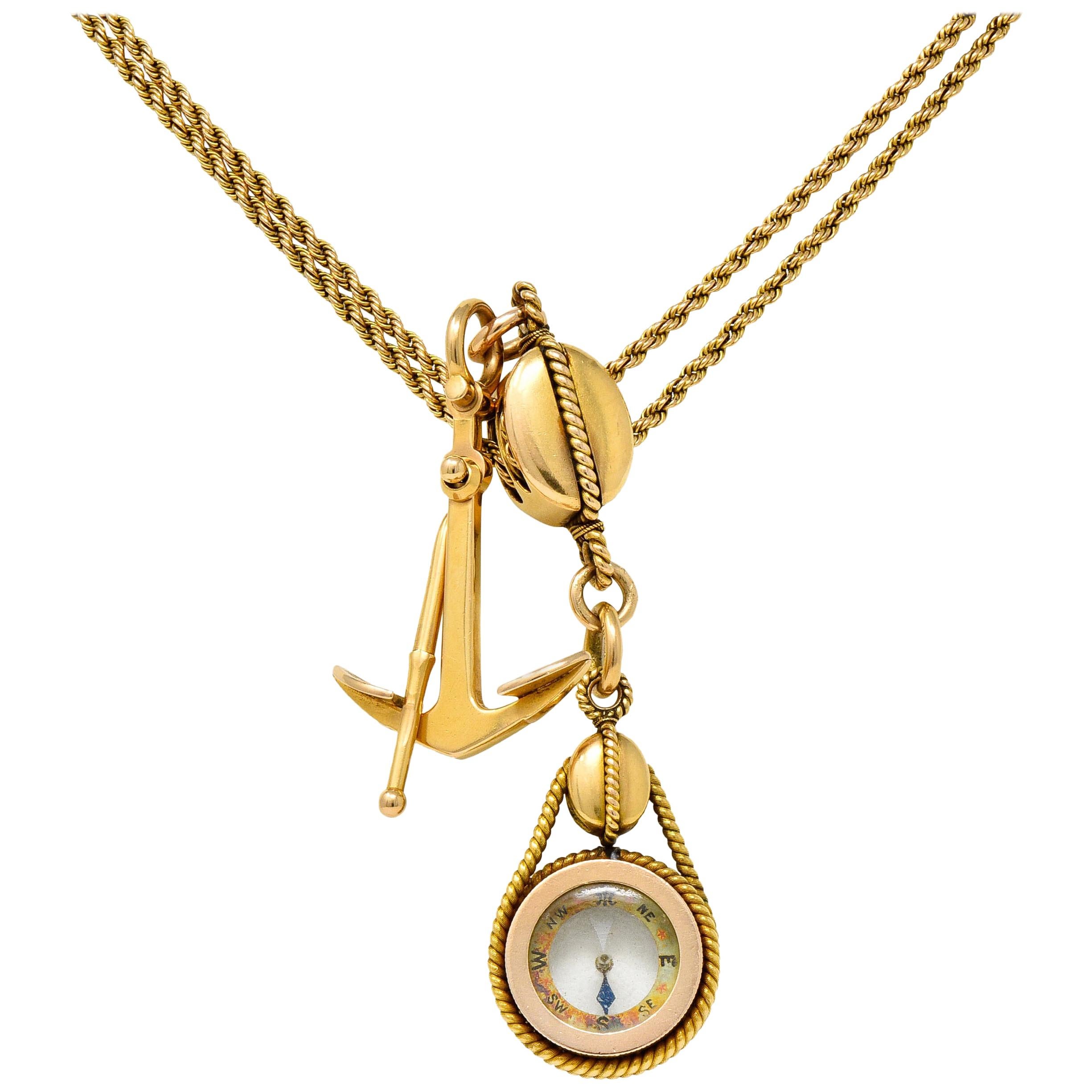 Tiffany & Co. Antique 18 Karat Gold Nautical Watch Chain Anchor Compass Pendant