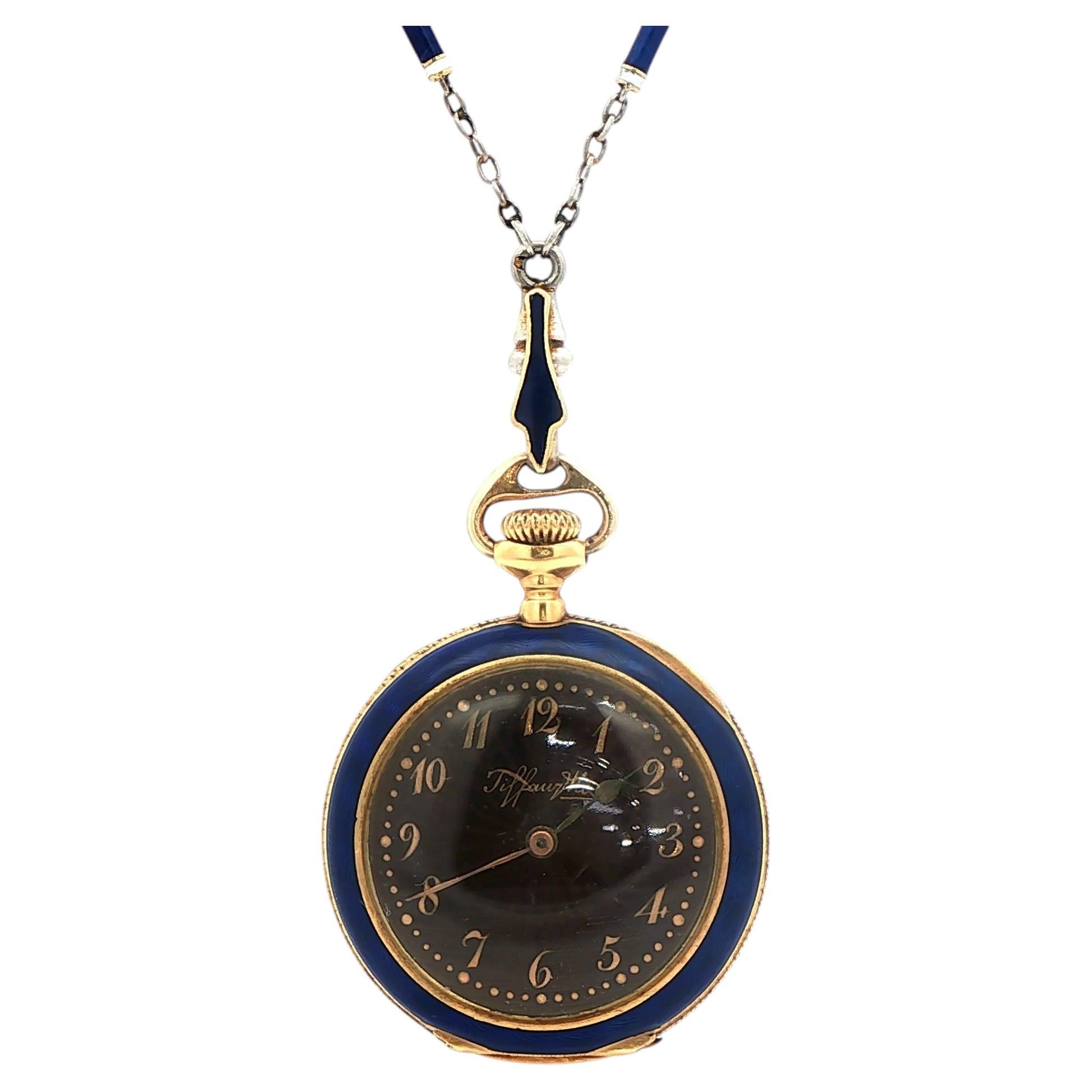 Tiffany & Co. Antique 18K Gold & Blue Enamel Keyless Wind Pendant Watch For Sale