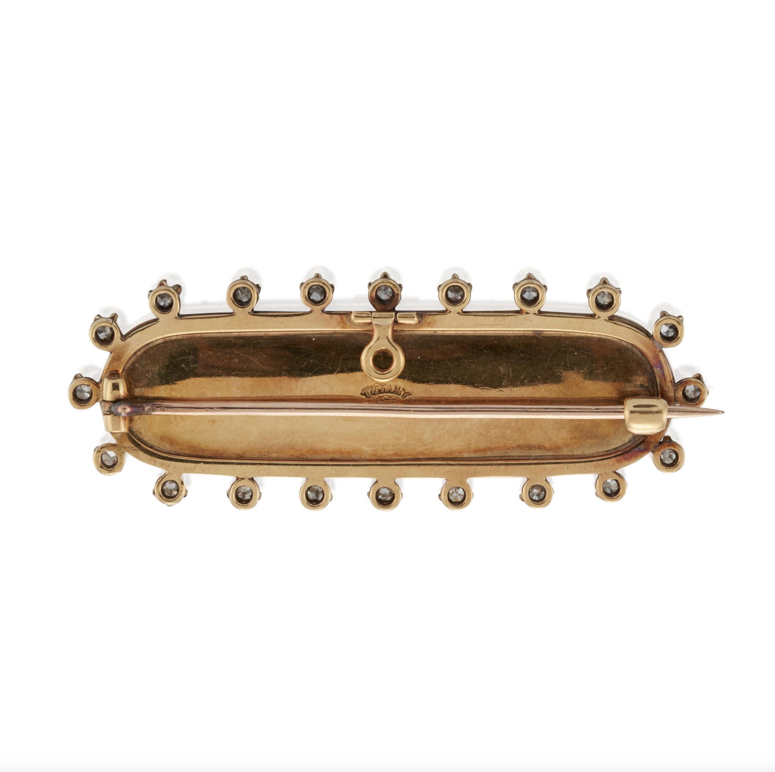 Taglio vecchia miniera Spilla antica Tiffany & Co. in oro 18 carati, smalto e diamanti in vendita