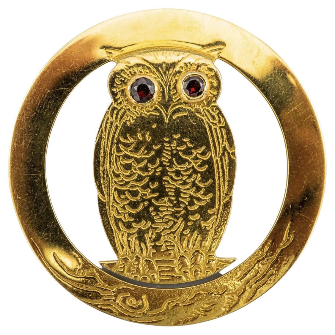 Tiffany & Co. Antique 18k Yellow Gold & Garnet Owl Pendant circa 1900s Rare