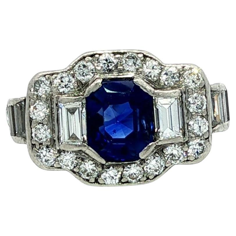 Tiffany & Co. Antico anello in platino Art Deco Royal Blue No Heat con zaffiro e diamante in vendita
