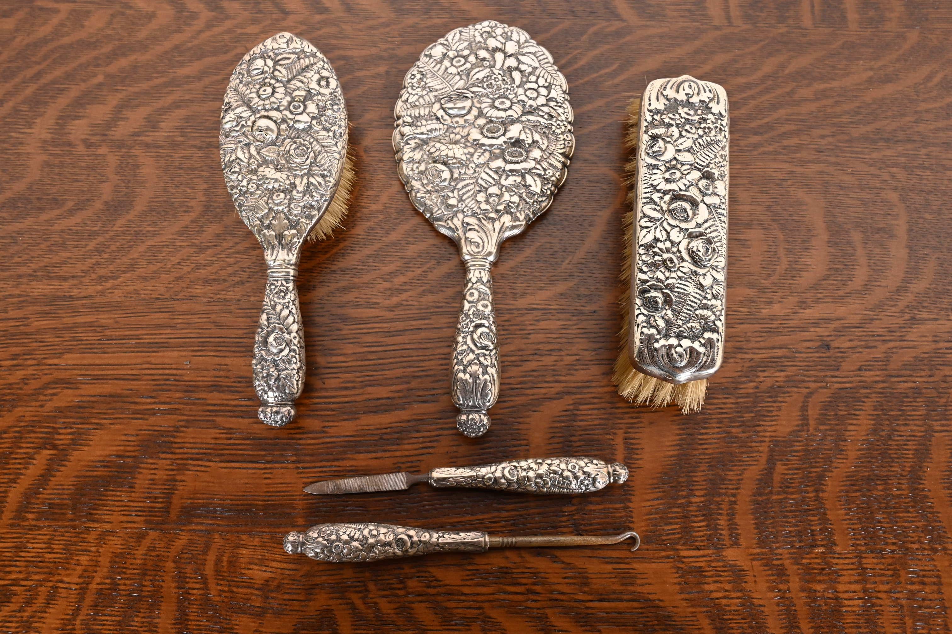 American Tiffany & Co. Antique Art Nouveau Sterling Silver Repousse Dresser Set
