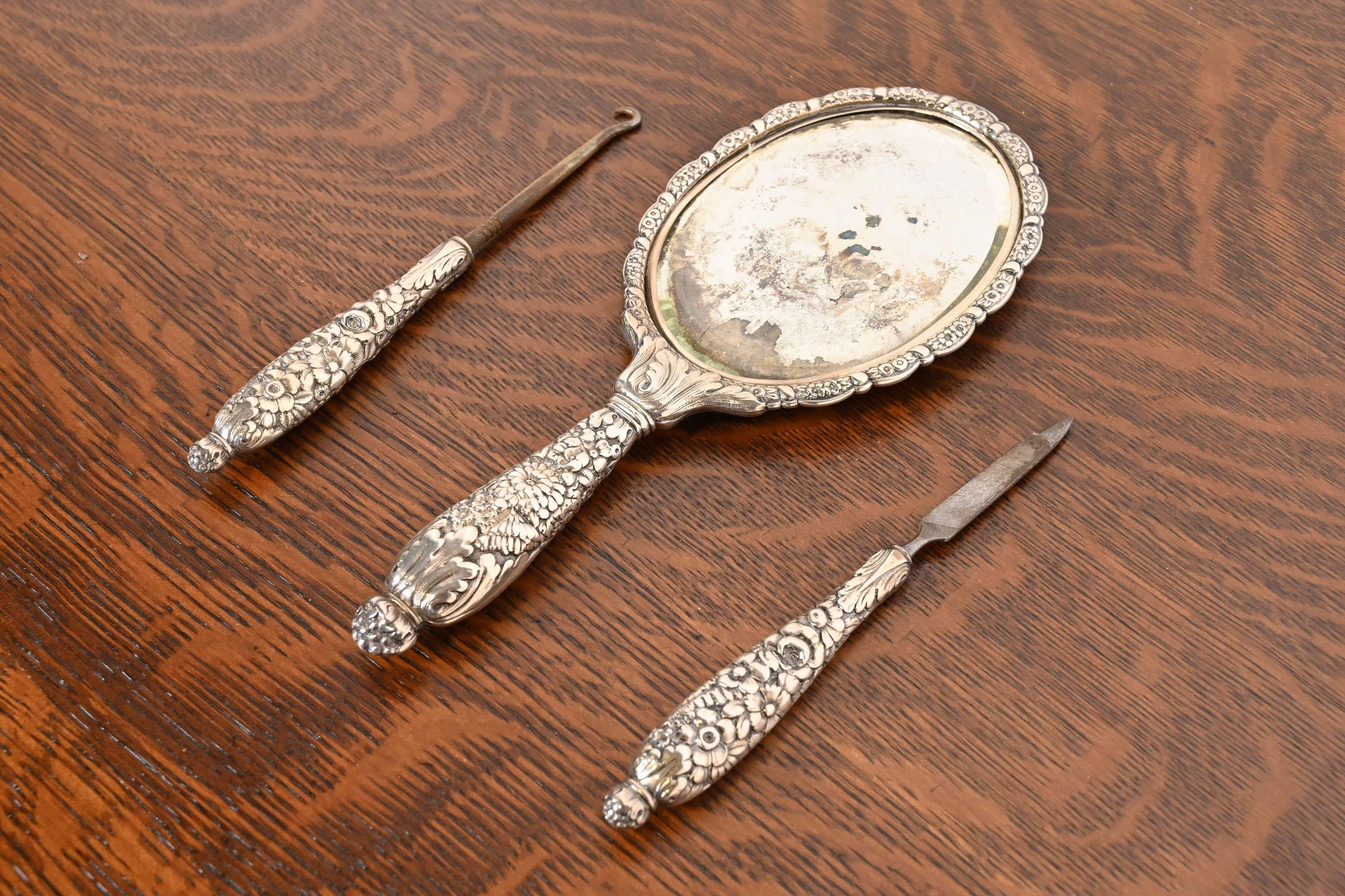 Tiffany & Co. Antique Art Nouveau Sterling Silver Repousse Dresser Set 1