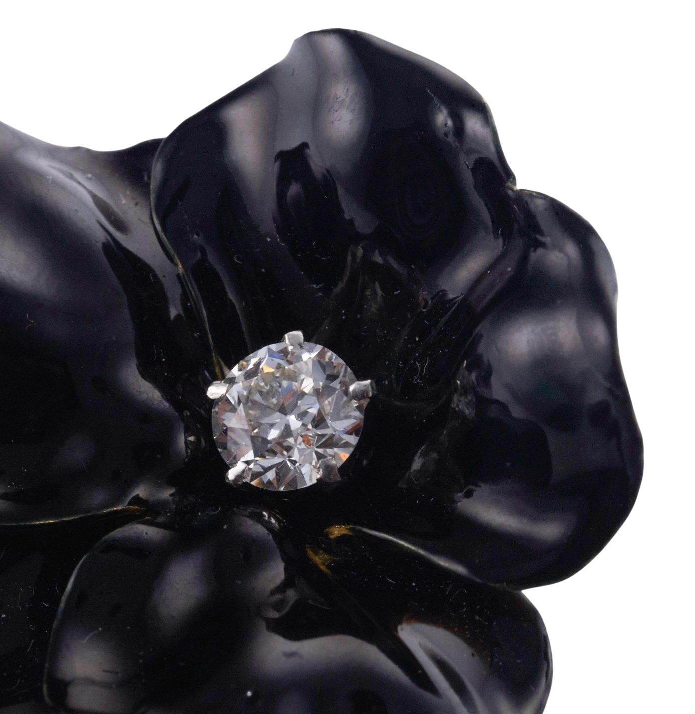 Women's or Men's Tiffany & Co Antique Black Lacquer Enamel Diamond Gold Pansy Brooch Pendant For Sale