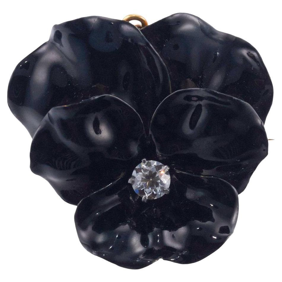 Tiffany & Co Antique Black Lacquer Enamel Diamond Gold Pansy Brooch Pendant For Sale