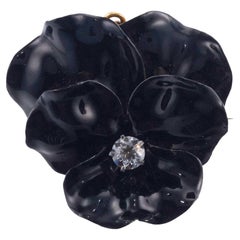 Tiffany & Co Antique Black Lacquer Enamel Diamond Gold Pansy Brooch Pendant