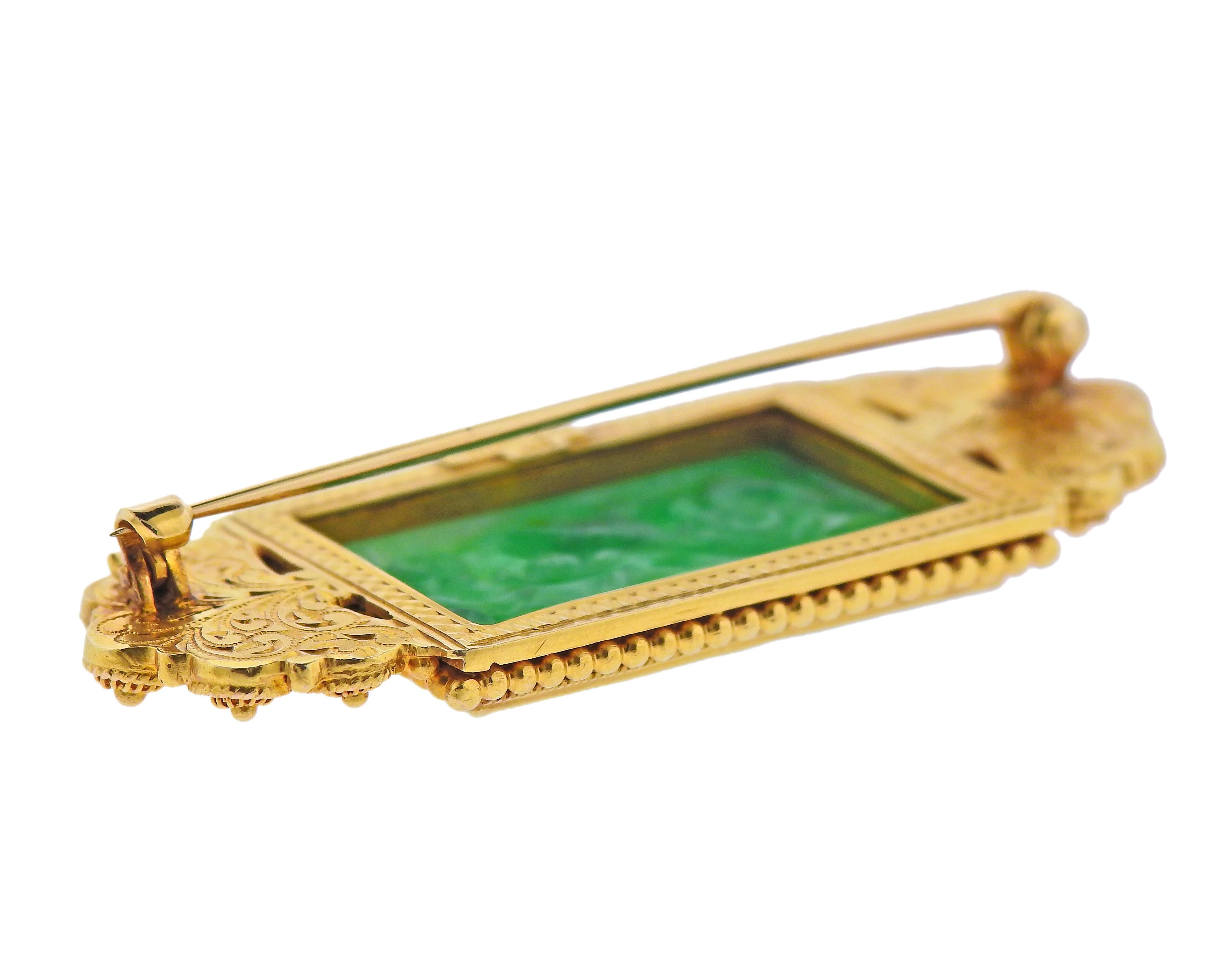 Square Cut Tiffany & Co. Antique Carved Jade Gold Brooch