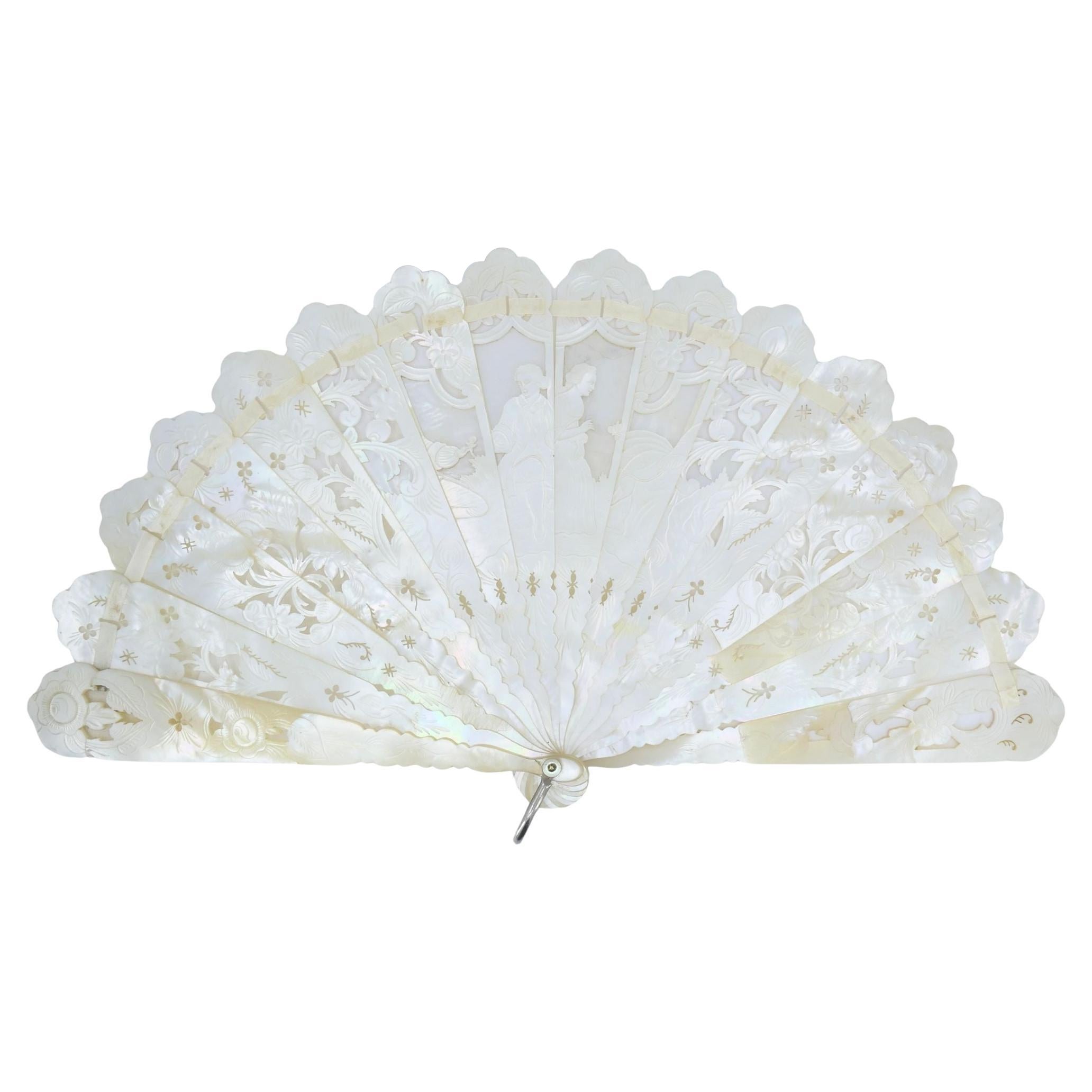 Tiffany 
Co. Antique Carved Mother of Pearl Handheld Fan with Case For Sale