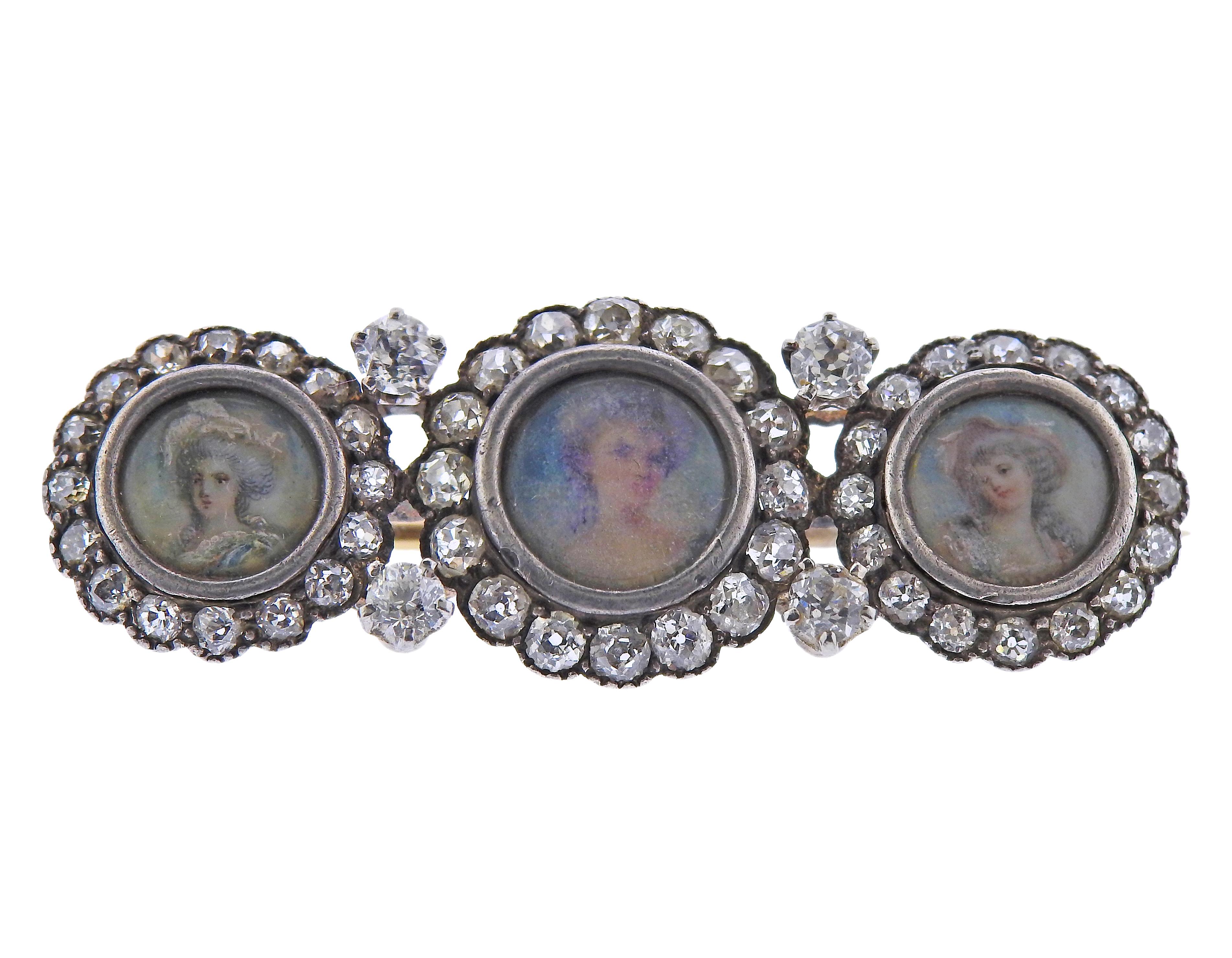 Women's Tiffany & Co. Antique Diamond Gold Silver Miniature Portrait Brooch