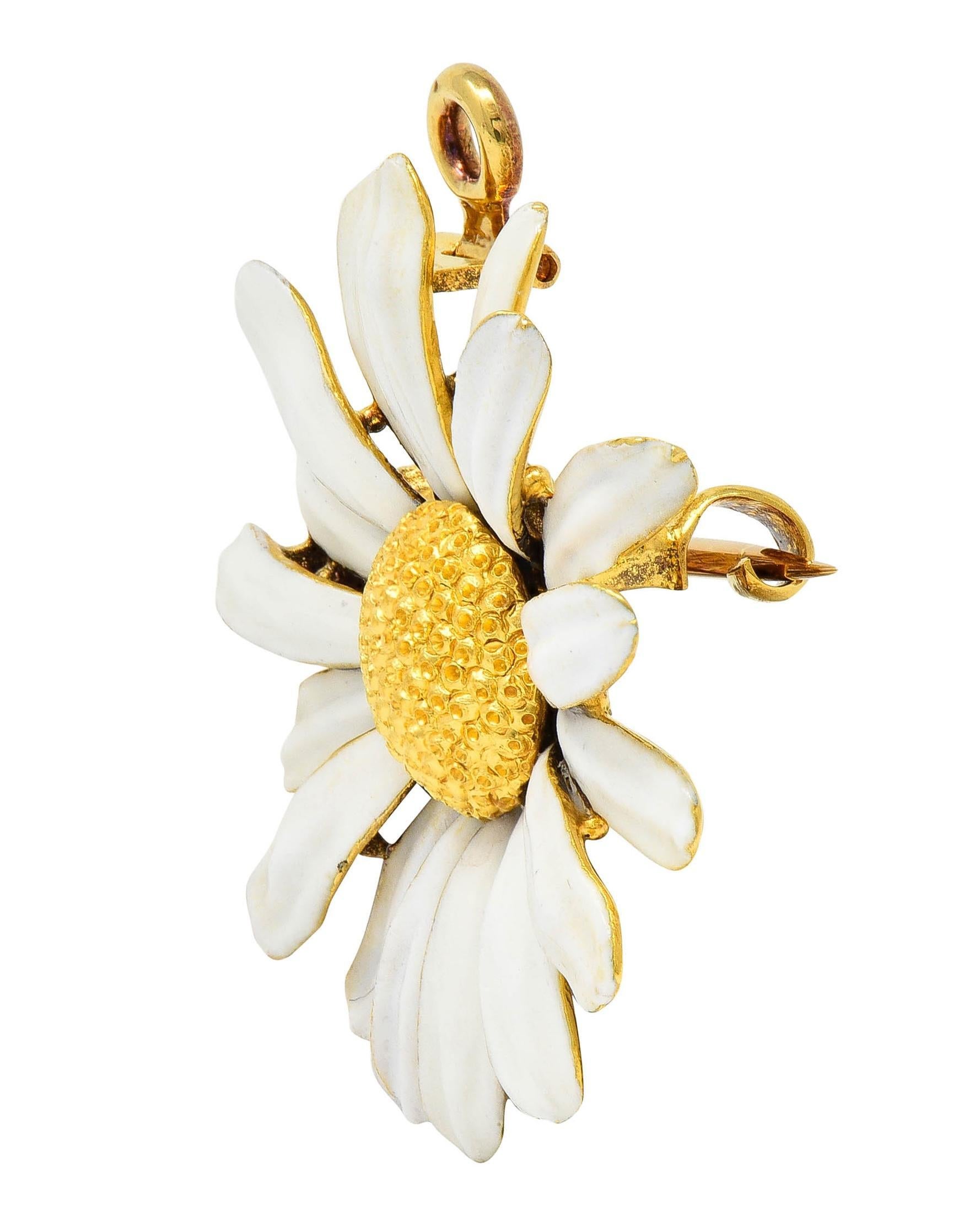 Tiffany & Co. Broche pendentif fleur de marguerite en émail antique or jaune 18 carats Bon état à Philadelphia, PA