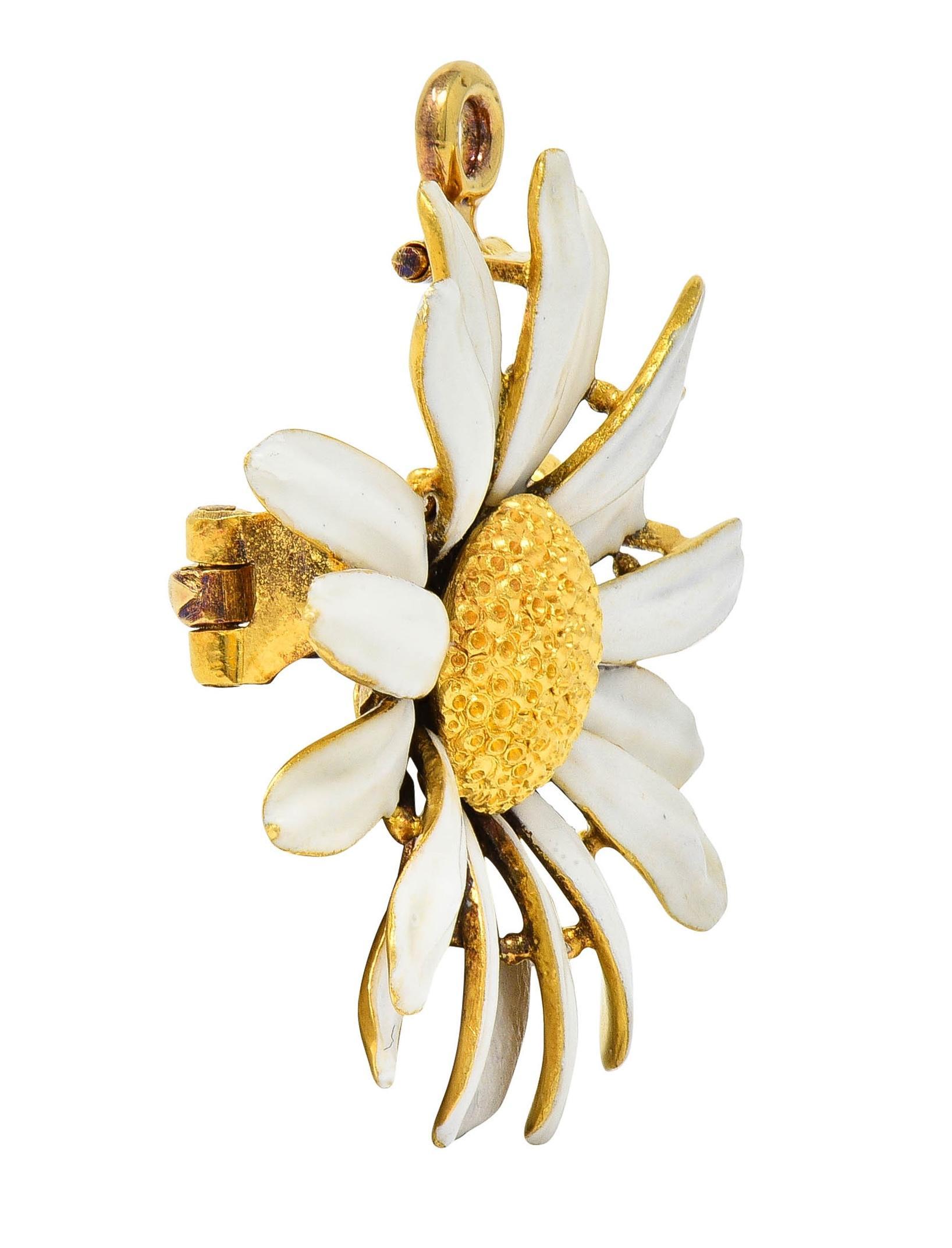Tiffany & Co. Broche pendentif fleur de marguerite en émail antique or jaune 18 carats 2