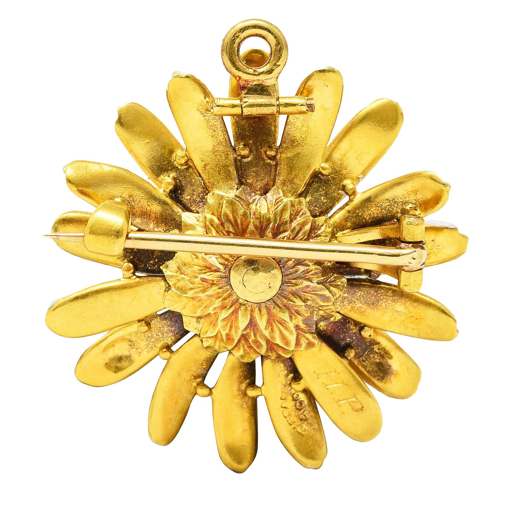 Women's or Men's Tiffany & Co. Antique Enamel 18 Karat Yellow Gold Daisy Pendant Brooch For Sale