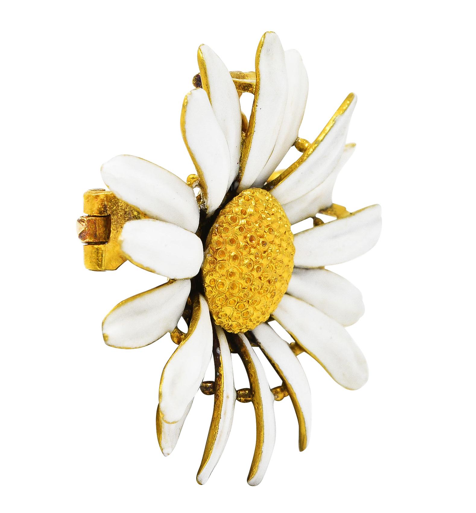 Tiffany & Co. Antique Enamel 18 Karat Yellow Gold Daisy Pendant Brooch For Sale 1