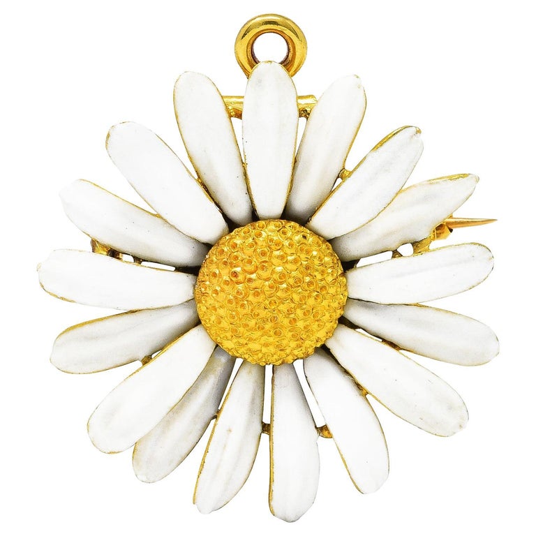 Tiffany & Co. Antique Enamel 18 Karat Yellow Gold Daisy Pendant Brooch For Sale