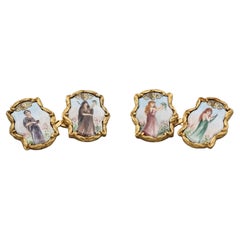 Tiffany & Co. Antique Four Seasons Muses Enamel 18k Gold Cufflinks