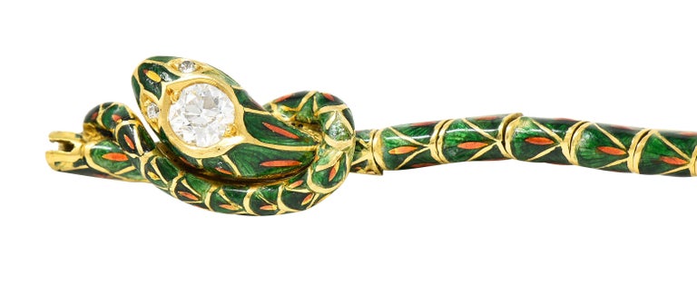 Tiffany & Co. Antique Guilloche Enamel Diamond 18 Karat Gold Snake Bracelet For Sale 5