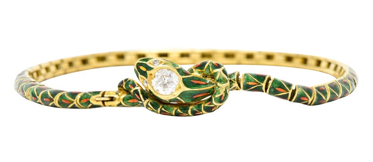Victorian Tiffany & Co. Antique Guilloche Enamel Diamond 18 Karat Gold Snake Bracelet For Sale