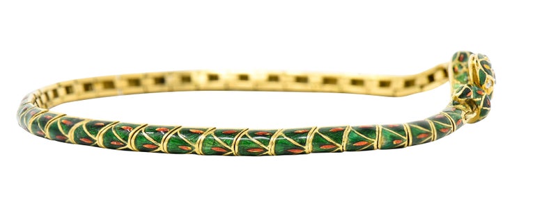 Tiffany & Co. Antique Guilloche Enamel Diamond 18 Karat Gold Snake Bracelet In Excellent Condition For Sale In Philadelphia, PA