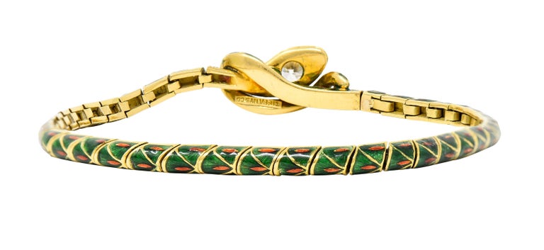 Women's or Men's Tiffany & Co. Antique Guilloche Enamel Diamond 18 Karat Gold Snake Bracelet For Sale