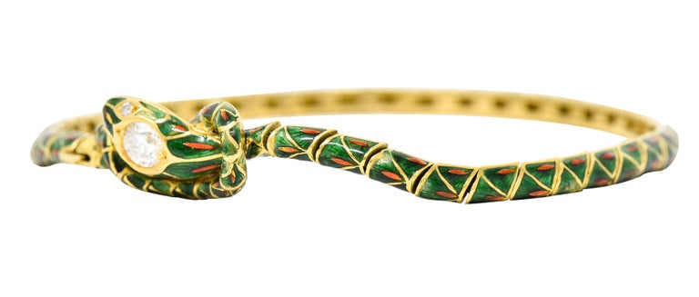 Tiffany & Co. Antique Guilloche Enamel Diamond 18 Karat Gold Snake Bracelet For Sale 2