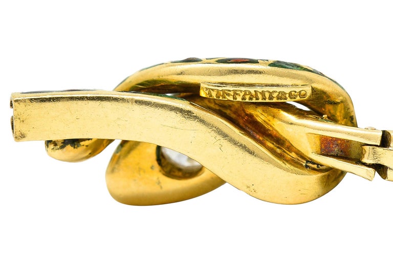 Tiffany & Co. Antique Guilloche Enamel Diamond 18 Karat Gold Snake Bracelet For Sale 3
