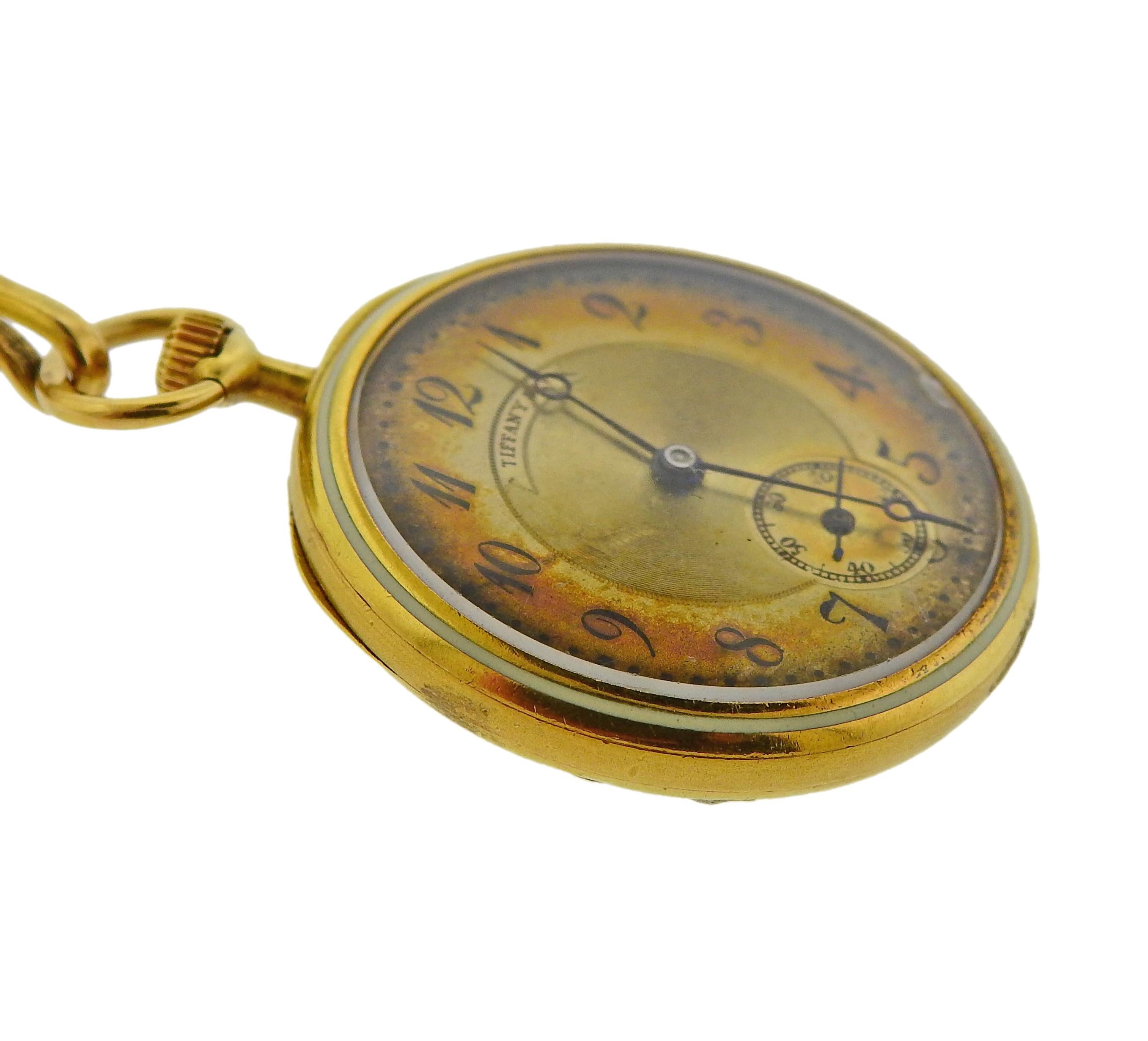 Tiffany & Co. Antique Guilloche Enamel Diamond Gold Lapel Watch In Excellent Condition In New York, NY