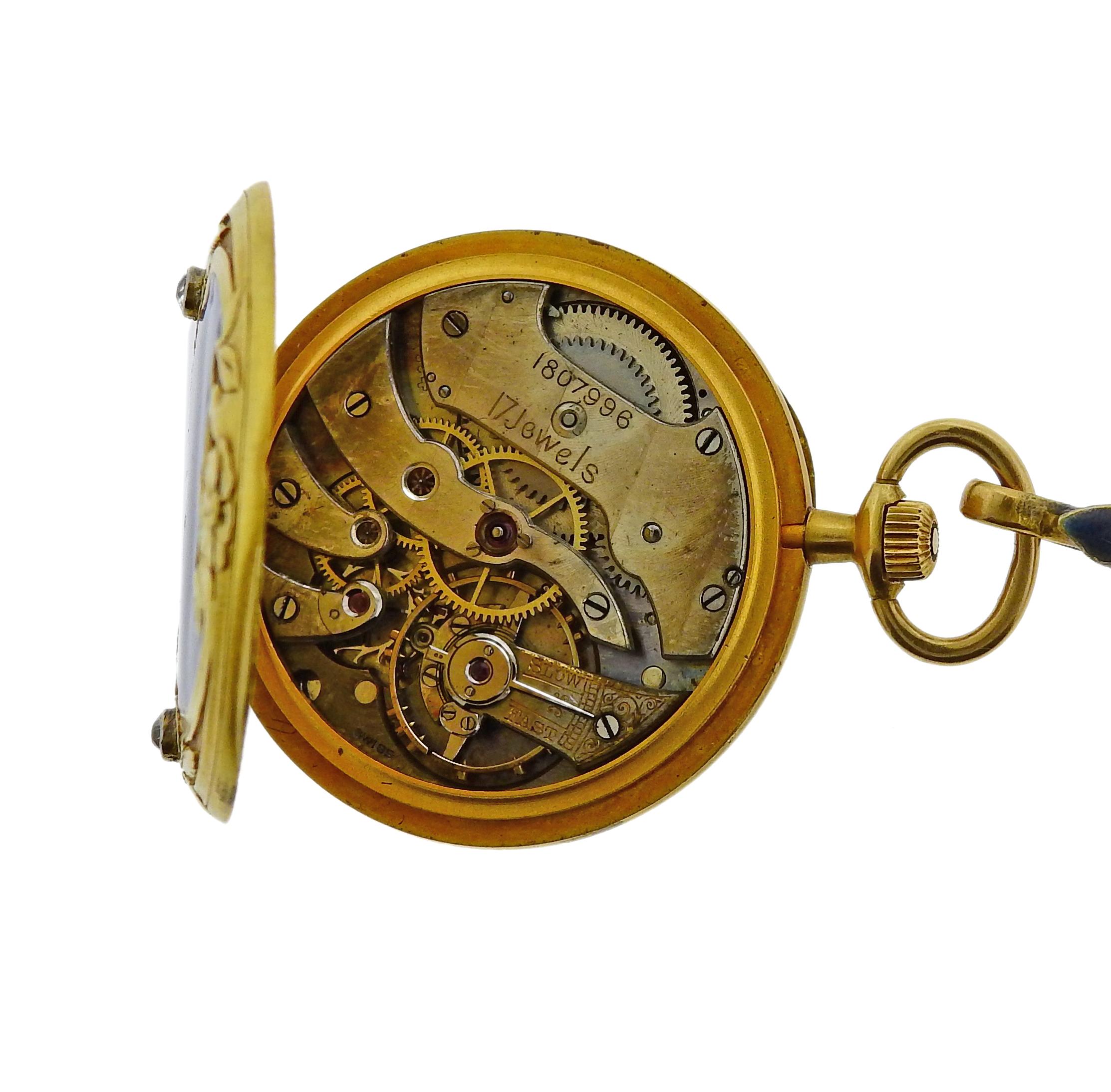 Tiffany & Co. Antique Guilloche Enamel Diamond Gold Lapel Watch 1